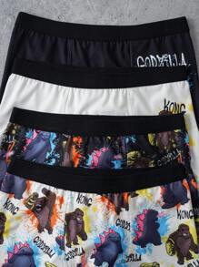 GODZILLAxKONG X SHEIN 4pcs Tween Boy Black & White Cartoon Letter Print Comfortable Trunks,Basic Comfortable Casual ,Soft,Cute - Black - View 6