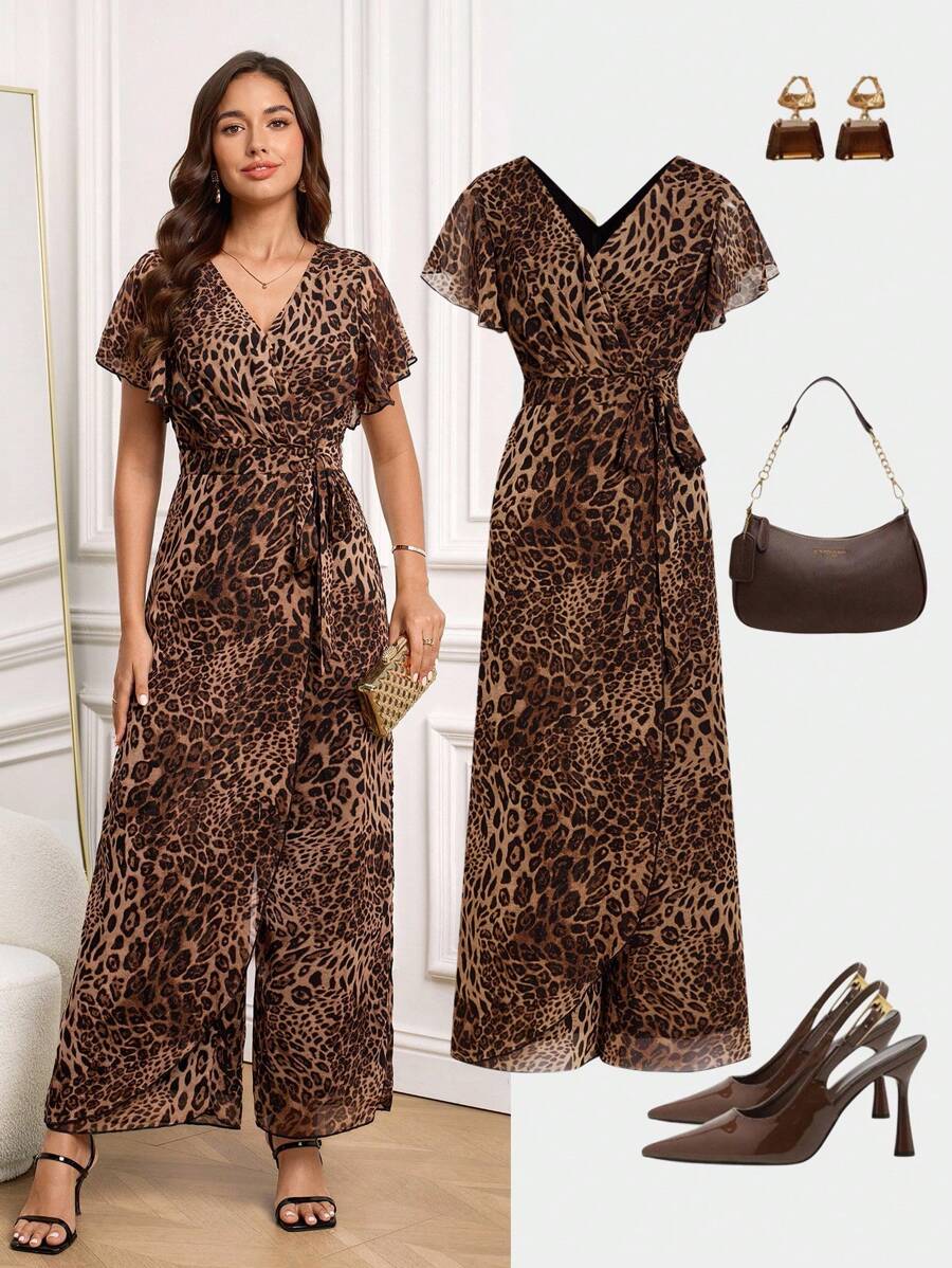 Ellevyn 女式豹纹性感长款连体衣，优雅雪纺豹纹透明连体裤 - 咖啡棕 - 查看 1