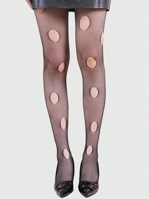 ROMWE Goth 1 Pair Ripped Hollow Fishnet Pantyhose, Suitable For Pairing With Dresses