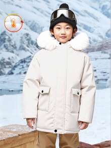 Tween Boy Solid Color Long Sleeve Zip Front Faux Fur Hooded Winter Jacket - Multicolor - View 1