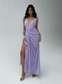 Aloruh 女士新款夏季雪纺连衣裙，纯色浅紫色透视设计，扭结领口，优雅长裙女士派对连衣裙薰衣草连衣裙丁香连衣裙紫色连衣裙女神连衣裙女士夏季连衣裙女士连衣裙女士夏季服装女士连衣裙女士夏季防晒连衣裙 - 淡紫色 - 查看 5