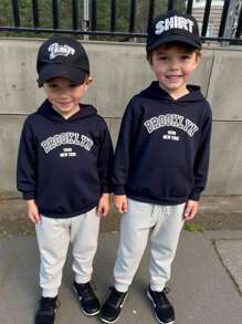 男婴/女婴休闲舒适百搭字母印花长袖连帽衫和抽绳裤套装，适合生日派对、洗礼、1 岁生日庆祝、晚会、表演、婚礼等场合 - 彩色 - 查看 1