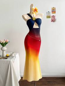 Soleia 女式渐变针织不对称褶饰紧身长裙，性感鸡尾酒会礼服，适合节日、约会、海滩度假、夏季 - 咖啡棕 - 查看 5