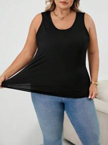 SHEIN CURVE+ 大码夏季纯色简约修身背心，镂空性感外出上衣，女士秋冬装，CURVE PLUS 大码背心，大码无袖上衣，女士大码背心，女士大码背心两件装，女士大码背心 - 黑色 - 查看 6