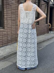 FRIFUL Women's White Solid Sheer Lace Overlay Loose Casual Dress, Versatile For Autumn Summer Women Dresses Sundress Maxi Dress - Beige - View 4