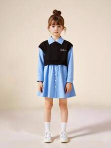 SHEIN Explorewe 年轻女孩的休闲宽松翻领长袖衬衫裙和简约徽标印花背心，适合上学和日常穿着 - 藍色 - 查看 8