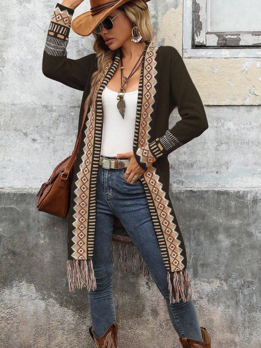 SHEIN LUNE Áo khoác cardigan tua rua họa tiết hình học thường ngày cho nữ - Cà phê nâu - Xem 1