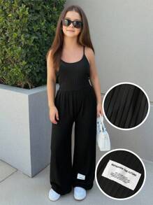 Combinaison-pantalon sans manches, style urbain chic, ajustée, côtelée, avec texte graphique, patch, taille décorée, jambe large, noire - Noir - Voir 8