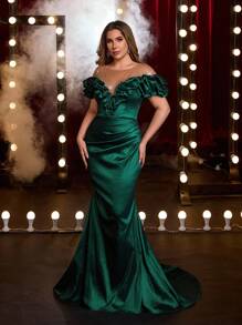 Glamrae Vestido de sirena con hombros descubiertos, escote de malla con pedrería elegante y lujoso, adecuado para bodas, eventos, fiestas, galas y ocasiones formales (con mucho bordado) - Verde - Ver 7