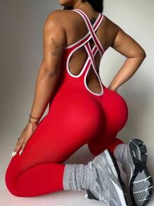 Rhythm Era 大码女式撞色露背红色运动连体裤无缝连体裤女式运动服连体裤健身房连体裤健身连体裤红色连体裤 - 紅色 - 查看 5