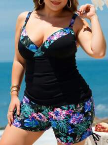 Swim Lushoire Plus Size Tropical Print Tankini Swimwear Set Plus Size Beachwear Plus Size Tankinis With Shorts For Summer Beach Vacation - Multicolor - View 1