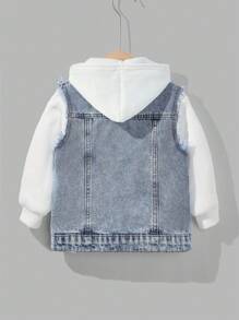 SHEIN 年轻男孩秋冬复古街头酷炫风格破洞日常蓝色牛仔破洞宽松夹克，新品，男孩返校服，儿童服装和男孩街头服饰 - 淺色水洗藍 - 查看 2