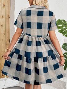 Vestido casual de vacaciones de mujer de manga corta a cuadros - Azul y blanco - Ver 2