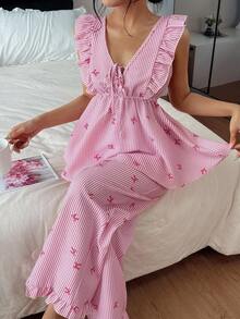 SHEIN 2pcs Summer Ruffled Trim Striped Bow Print Pajama Set - Pink - View 5