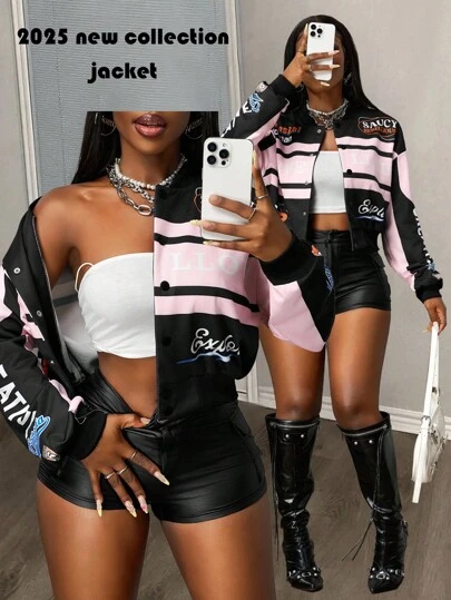 Slaydiva Dam långärmad basebolljacka med öppen framsida och kontrastfärg, bokstavstryck