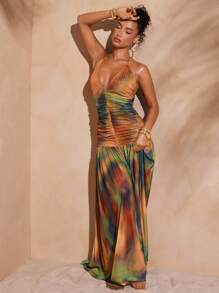 Hauture Sexy Summer Vacation Abstract Printed Deep Plunge Ruched Halter Open Back Maxi Dress - Multicolor - View 1