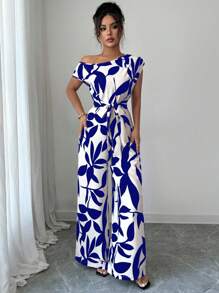 Elenzga Women's Elegant Holiday Slimming Printed Summer Romper - Blue - View 5