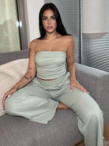 Lucia Bellido Women 2pcs/Set Summer Casual Solid Color Ruched Bandeau Top And Long Pants ,Petite Women - Green - View 1