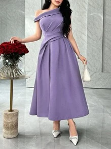 Feyla Váy dự tiệc chữ A nhún bèo vai, eo lệch, thanh lịch, thích hợp cho các buổi tụ tập xã hội - Màu tím - Xem 3