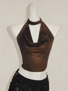 SHEIN ICON Y2k 夏季外出俱乐部音乐会黑红西部嬉皮花卉女式扎染网眼印花露背背心 - 棕色 - 查看 6