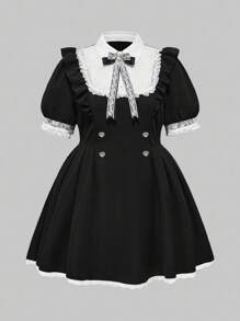 ROMWE EDITION Đầm xòe xếp ly cổ Peter Pan họa tiết ren chắp vá dễ thương cỡ lớn cho nữ - màu đen - Xem 7