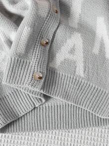 Tween Boy 1 Piece American Street Style Light Gray Letter-Print Cardigan , Classic V-Neck Button Front, Loose Fit Long Sleeve Knit Sweater, Medium Weight Soft Cardigan For School Daily Wear, Father-Son Matching, Birthday & New Year Gift Idea - Light Grey - View 7