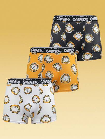 GARFIELD | SHEIN 3pcs Men's Black & White & Yellow Comfortable Contrast Cartoon Cat Face Print Trunk, Basic Casual Boxer Brief, Men Boxers Pack