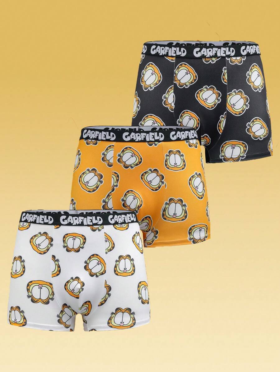 GARFIELD | SHEIN 3pcs Men's Black & White & Yellow Comfortable Contrast Cartoon Cat Face Print Trunk, Basic Casual Boxer Brief, Men Boxers Pack - Black and White - View 1