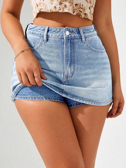 SHEIN ICON Plus Size Women Casual Vacation Non-Stretch Light Blue Denim Skirt Pants