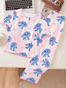 Teen Girls Pajamas Set, Minimalist Pink Base With Rabbit & Bow Print, Contrast Trim Short Sleeve Top And Long Pants, Casual Loungewear, Back To School Fashion Cute Pajama Set - Pink - View 4