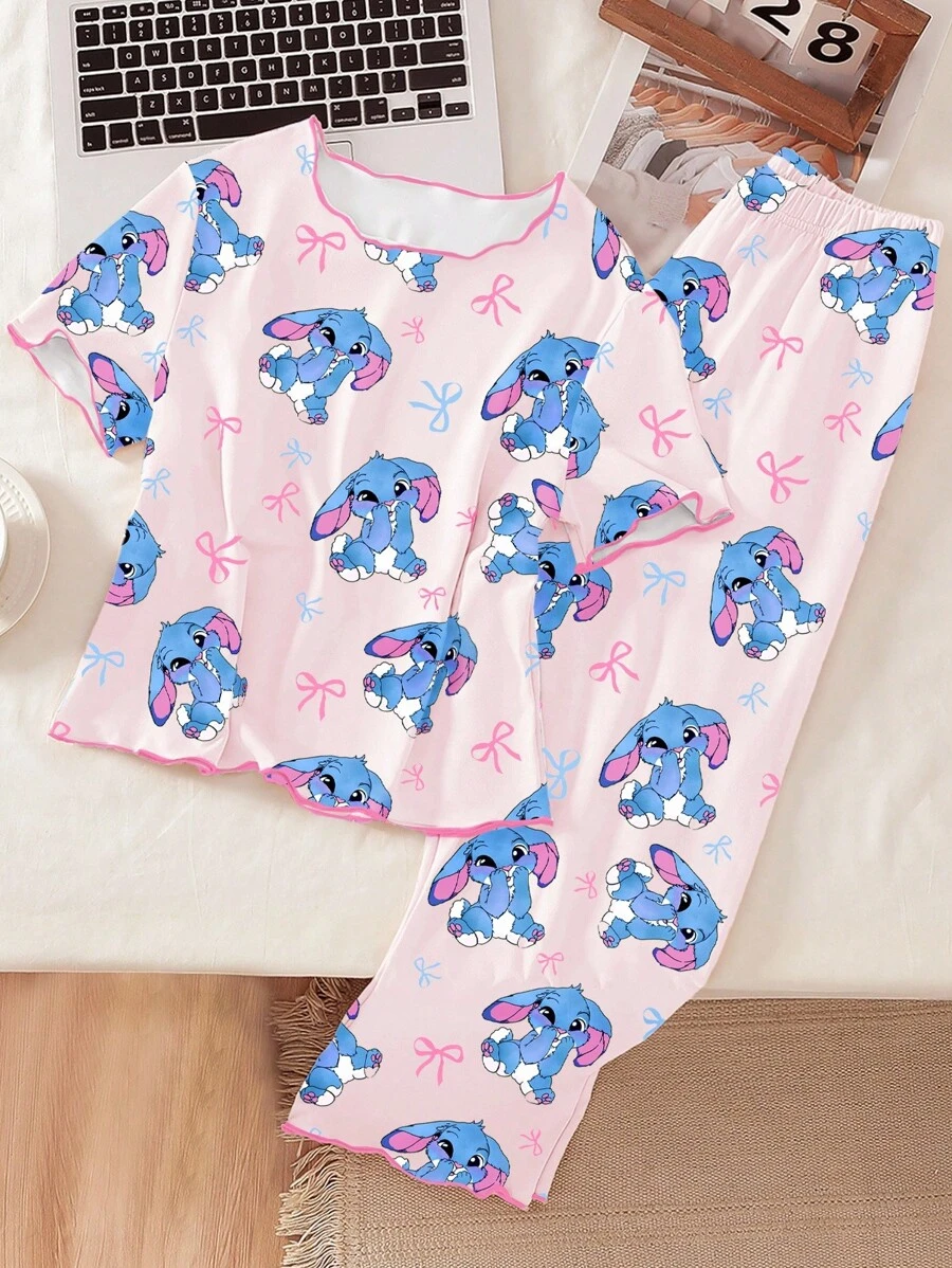 少女睡衣套装，简约粉色底裤，兔子和蝴蝶结印花，撞色饰边短袖上衣和长裤，休闲家居服，返校时尚可爱睡衣套装