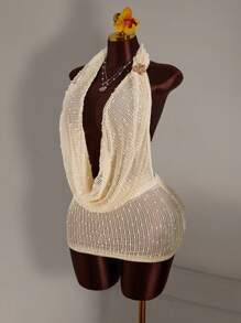 Amplova 大码女式纯色低胸垂坠领露背性感时尚连衣裙 - 杏色 - 查看 4