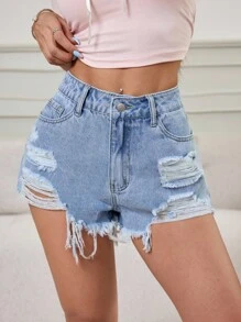 SHEIN PETITE 女式休闲破洞磨边牛仔短裤，带口袋 - 淺色水洗藍 - 查看 4