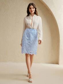 Anewsta 女士度假风格镂空刺绣水钻装饰高腰派对裙 - 淺藍色 - 查看 6