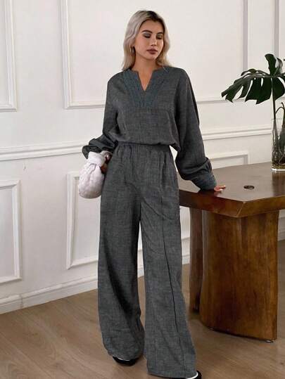 Livesso 女式 V 领长袖蕾丝上衣和宽松长裤两件套