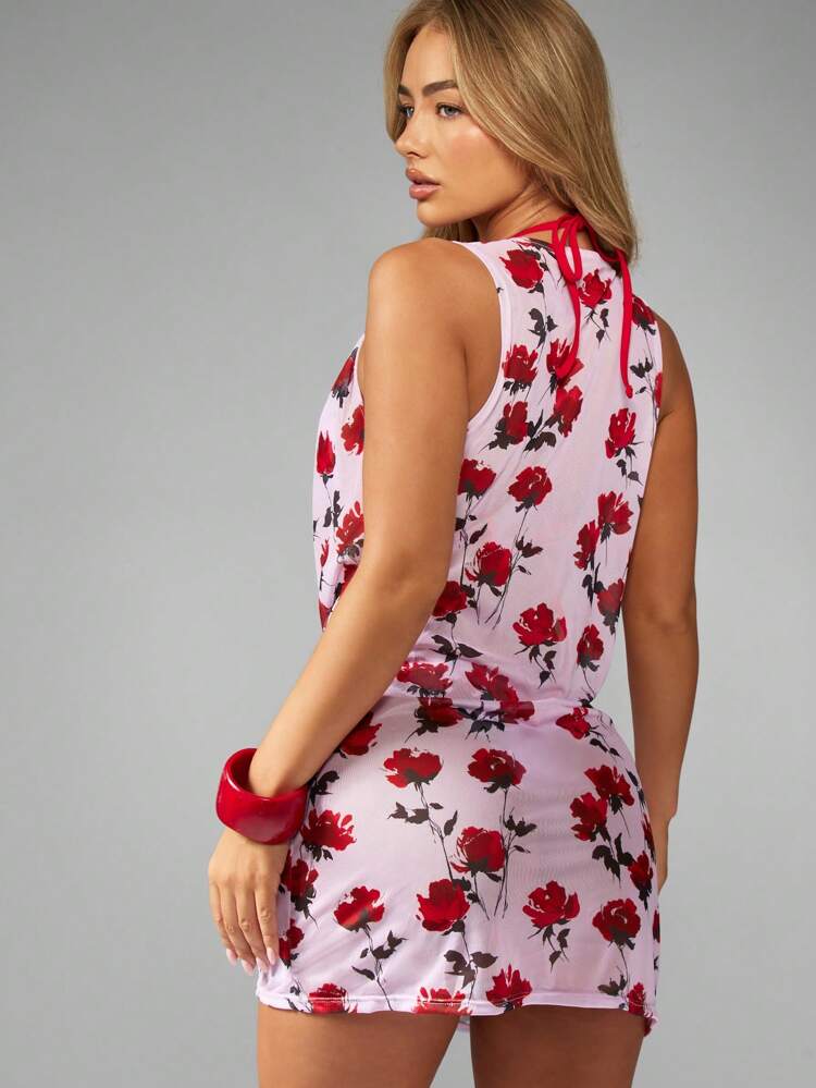 MISSGUIDED Beach Cover Up Dress Floral Mini Cowl Neck Draped Summer Vacation Resort Wear Beachwear Poolside Swim Cover Sundress Holiday Cruise Wear