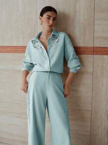 MOTF PREMIUM 对比色蕾丝纽扣上衣和斜口袋裤子套装 - 藍色 - 查看 7