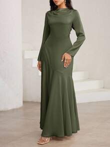 Veilorie 女士优雅纯色连衣裙，适合派对 - 軍綠色 - 查看 5