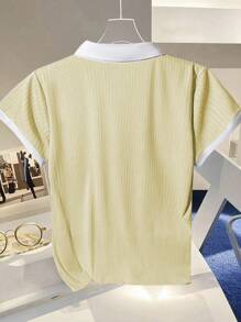 Franclia 时尚简约针织蓝罗纹撞色白色 Polo 领，白色袖口短袖 T 恤，适合女性穿着，春夏奶油黄色系大学风服装。 - 黃色 - 查看 2