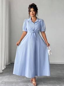Elenzga Plus Size Women's Elegant Woven Tie-Waist Mid-Sleeve Collared Shirt & Striped Maxi Dress 2 Pieces Set - Blue and White - View 4