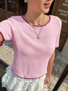 Jouncy Áo len dệt kim tay ngắn phối họa tiết khối màu thời trang thu đông cho nữ - Hồng - Xem 5