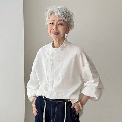 여성용 스탠드 칼라 화이트 솔리드 컬러 대비 트림 루즈핏 캐주얼 멀티 블라우스, 가을/겨울