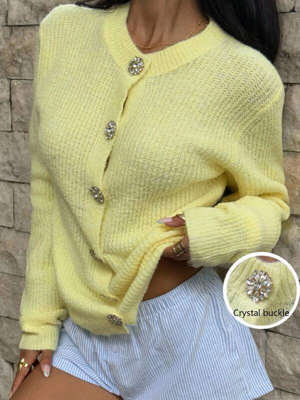 SHEIN EZwear Women's Fashionable Tight Fit Solid Color Button-Up Long Sleeve Cardigan