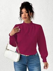 Vionelle 大码纯色按扣领休闲长袖纹理衬衫泡泡袖衬衫优雅白色女式衬衫白色 - 酒紅色 - 查看 4