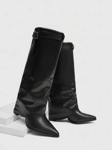 Daringsoles 女式尖头粗跟绒面西部流苏靴，修身高筒靴 - 黑色 - 查看 9