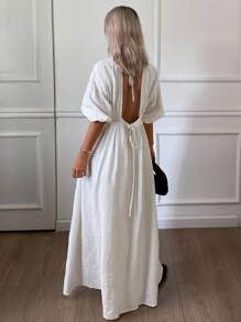 Livesso Đầm maxi nữ hở lưng, thắt eo, dáng lửng, thích hợp cho mùa hè. - trắng - Xem 6