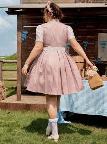 SHEIN Frenchy Plus Size Traditional Lace Patchwork Textured Jacquard Fabric A-Line Waist Cinched Square Neck Dress, Suitable For Oktoberfest, Dirndl,Fall Clothes For Women