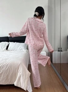 SHEIN Damen Vintage Blümchen Kragen Langarm Pyjama Set, rosa gestreift, romantischer Landhausstil, Herbst - Pink - Übersicht 3