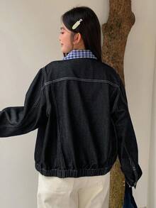 Dazy Plus Dark Washed Blue Contrast Plaid Collar Loose Pocket Denim Jacket, Spring/Autumn - Dark Wash - View 2