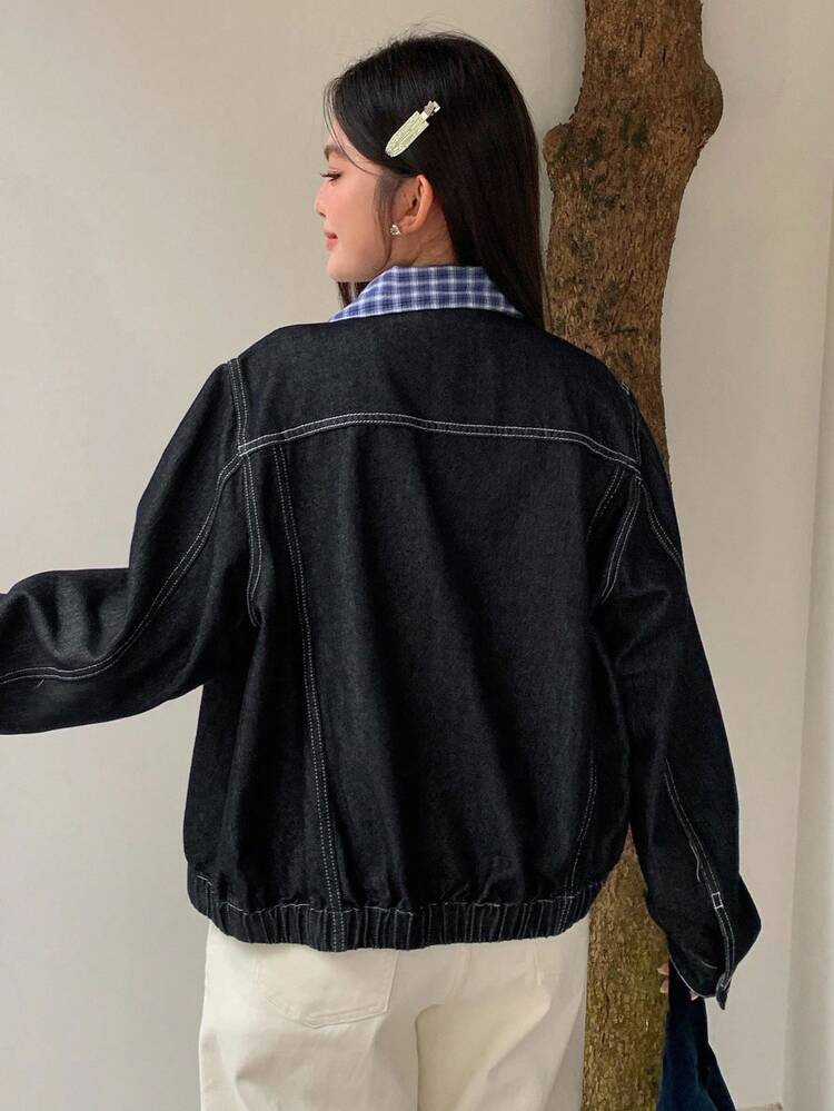 Dazy Plus Dark Washed Blue Contrast Plaid Collar Loose Pocket Denim Jacket, Spring/Autumn